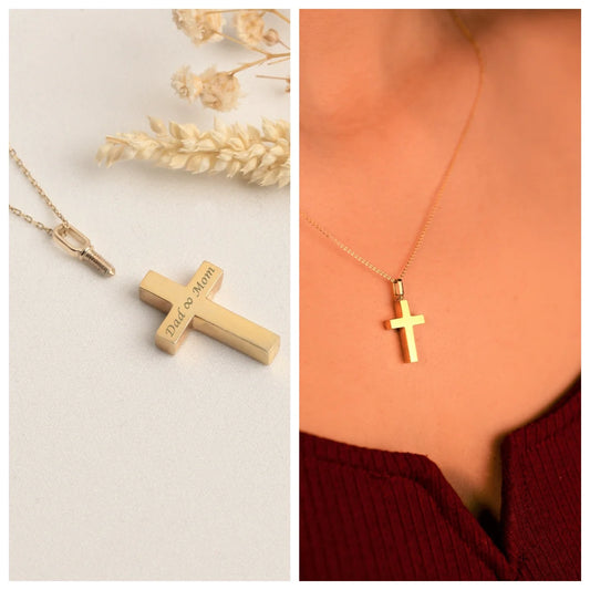 14K Real Gold Cremation Urn, Gold Cross Necklace, Personalized Christian Gifts, Cremation Pendant for Pet Ashes, Cross Pendant Choker