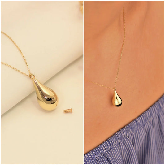 14K Gold Teardrop Cremation Urn Necklace, Tiny Gold Tear Drop Necklace, Custom Ash Holder Pendant, Remembrance Urn Necklace