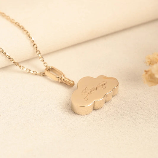 14K Gold Cloud Necklace, Cloudy Cremation Urn Necklace, Personalized Ash Holder Necklace, Gold Cloud Accessory Gift