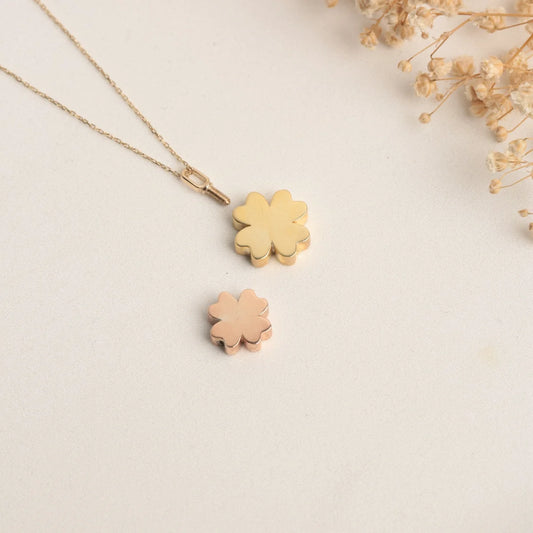 Four Leaf Clover Necklace - 14K Real Gold Urn Necklace with Flower Pendant, Clover Pendant, Four Leaf Clover Cremation Urn Pendant