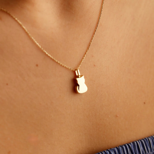 Gold Cat Necklace Pet Memorial Jewelry, 14K Solid Gold Cat Cremation Urn Necklace, Cat Ashes Necklace, Cat Necklace, Cat Pendant