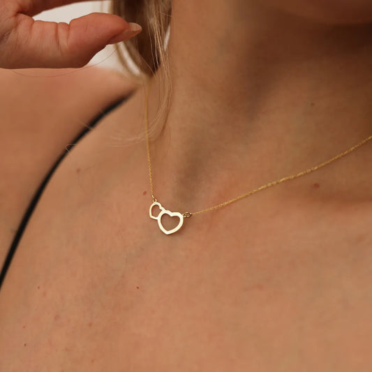 Gold Double Heart Neklace, 14K Gold